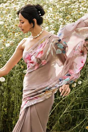 Buy_Studio 113_Purple Chiffon Julie Hand Painted Saree With Running Blouse _Online_at_Aza_Fashions