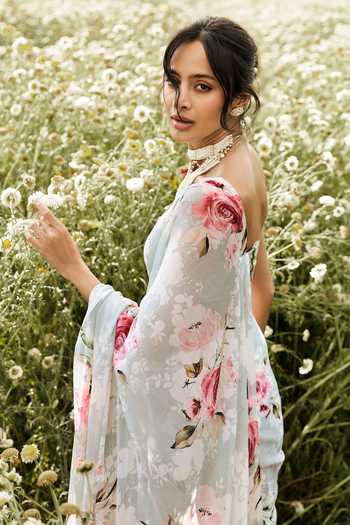 Studio 113 Blue Chiffon Veronica Pearl Saree With Running Blouse Online at Aza Fashions Studio 113_Blue Chiffon Veronica Pearl Saree With Running Blouse _Online_at_Aza_Fashions