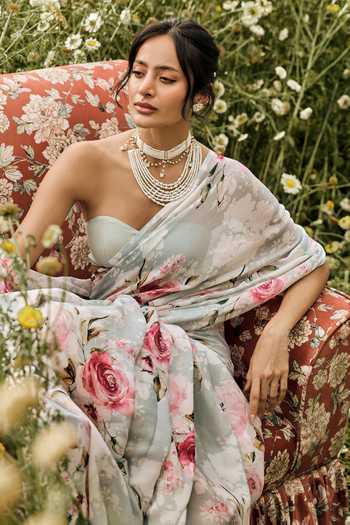 Buy Studio 113 Blue Chiffon Veronica Pearl Saree With Running Blouse Online at Aza Fashions Buy_Studio 113_Blue Chiffon Veronica Pearl Saree With Running Blouse _Online_at_Aza_Fashions