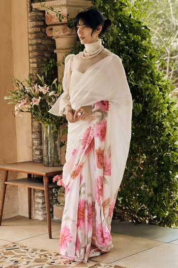 Buy Studio 113 White Chiffon Vera Saree With Running Blouse Online at Aza Fashions Buy_Studio 113_White Chiffon Vera Saree With Running Blouse _Online_at_Aza_Fashions