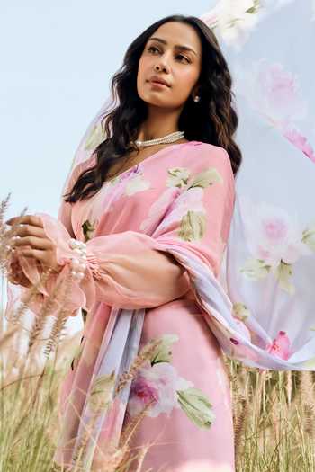 Studio 113_Pink Chiffon Alea Cotton Candy Ombre Saree With Running Blouse _Online_at_Aza_Fashions