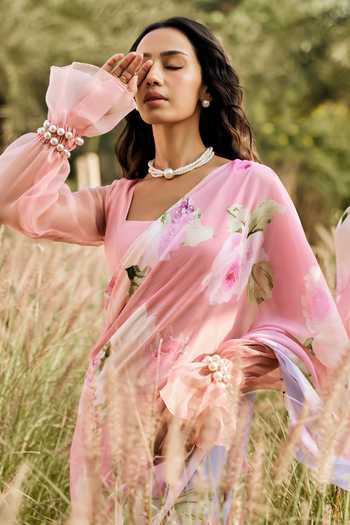 Buy_Studio 113_Pink Chiffon Alea Cotton Candy Ombre Saree With Running Blouse _Online_at_Aza_Fashions