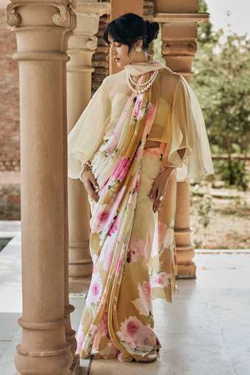 Buy_Studio 113_Yellow Chiffon Alea Sand Ombre Saree With Running Blouse _Online_at_Aza_Fashions