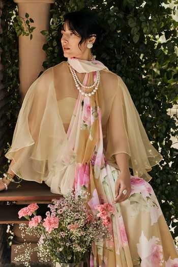 Shop_Studio 113_Yellow Chiffon Alea Sand Ombre Saree With Running Blouse _Online_at_Aza_Fashions