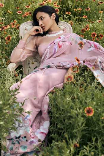 Shop_Studio 113_Pink Chiffon Julie Old Rose Saree With Running Blouse _Online_at_Aza_Fashions