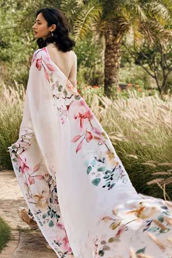 Studio 113 Julie White Hand Painted Saree With Running Blouse 