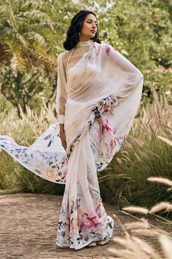 Studio 113 Julie White Hand Painted Saree With Running Blouse 