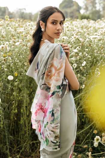 Studio 113_Green Chiffon Julie Sage Saree With Running Blouse _Online_at_Aza_Fashions