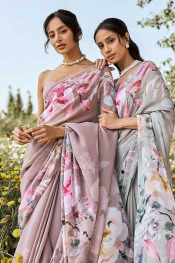 Buy_Studio 113_Green Chiffon Julie Sage Saree With Running Blouse _Online_at_Aza_Fashions
