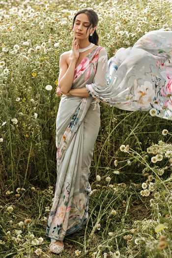 Shop_Studio 113_Green Chiffon Julie Sage Saree With Running Blouse _Online_at_Aza_Fashions