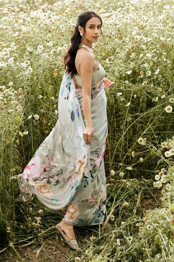 Studio 113 Julie Sage Green Chiffon Saree With Running Blouse 