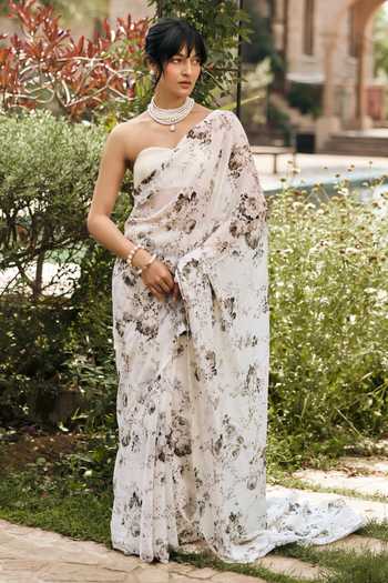 Studio 113 Tara White Chiffon Saree With Running Blouse 