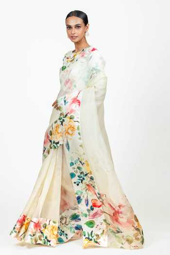 Buy Studio 113 Cream Organza Julie Saree With Running Blouse Online at Aza Fashions Buy_Studio 113_Cream Organza Julie Saree With Running Blouse _Online_at_Aza_Fashions