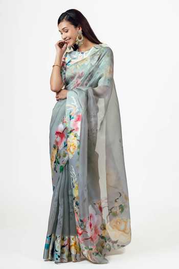 Studio 113 Julie French Grey Organza Saree With Running Blouse 