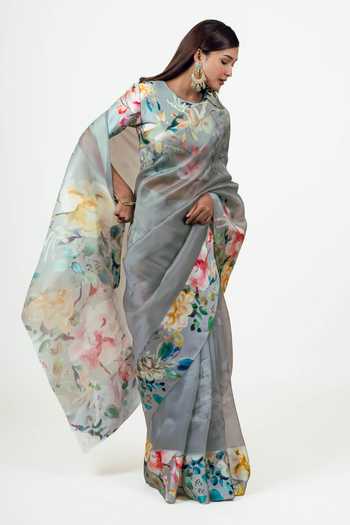 Studio 113 Grey Organza Julie French Saree With Running Blouse Online at Aza Fashions Studio 113_Grey Organza Julie French Saree With Running Blouse _Online_at_Aza_Fashions