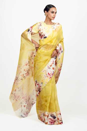 Studio 113_Yellow Organza Lina Saree With Running Blouse _Online_at_Aza_Fashions