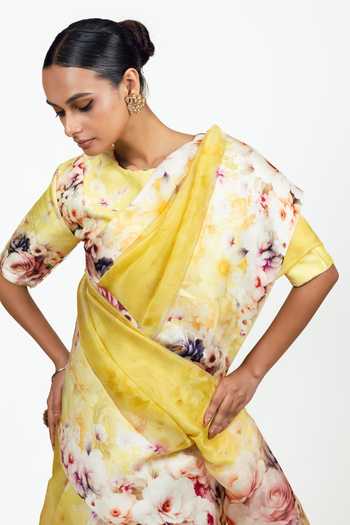 Shop_Studio 113_Yellow Organza Lina Saree With Running Blouse _Online_at_Aza_Fashions
