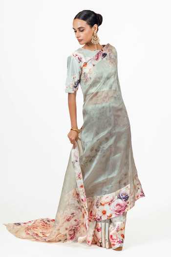 Studio 113 Blue Organza Lina Pearl Saree With Running Blouse Online at Aza Fashions Studio 113_Blue Organza Lina Pearl Saree With Running Blouse _Online_at_Aza_Fashions