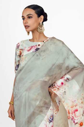 Shop Studio 113 Blue Organza Lina Pearl Saree With Running Blouse Online at Aza Fashions Shop_Studio 113_Blue Organza Lina Pearl Saree With Running Blouse _Online_at_Aza_Fashions