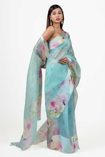 Studio 113_Blue Organza Alea Saree With Running Blouse _Online_at_Aza_Fashions