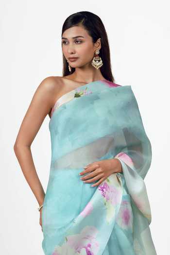 Buy_Studio 113_Blue Organza Alea Saree With Running Blouse _Online_at_Aza_Fashions