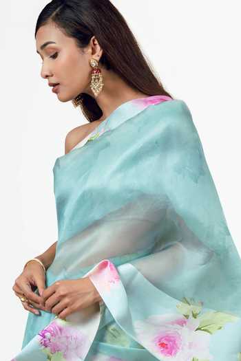 Shop_Studio 113_Blue Organza Alea Saree With Running Blouse _Online_at_Aza_Fashions