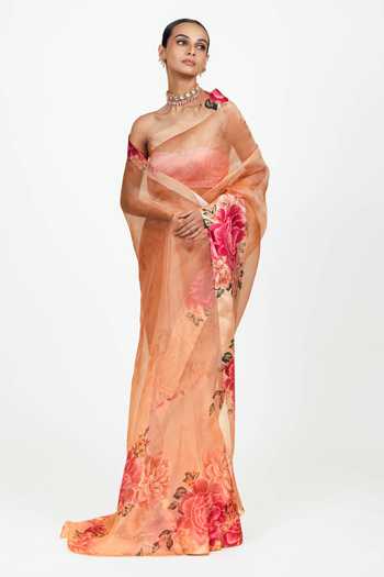 Studio 113 Peach Organza Farah Saree With Running Blouse Online at Aza Fashions Studio 113_Peach Organza Farah Saree With Running Blouse _Online_at_Aza_Fashions