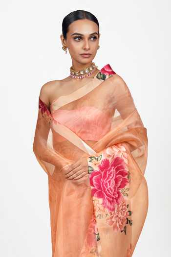 Shop Studio 113 Peach Organza Farah Saree With Running Blouse Online at Aza Fashions Shop_Studio 113_Peach Organza Farah Saree With Running Blouse _Online_at_Aza_Fashions