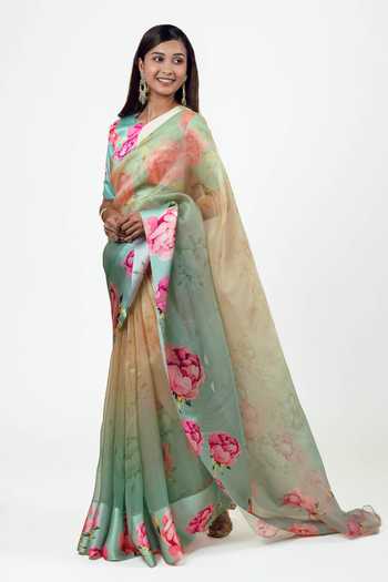 Studio 113 Monica Aqua Yellow Organza Saree With Running Blouse 