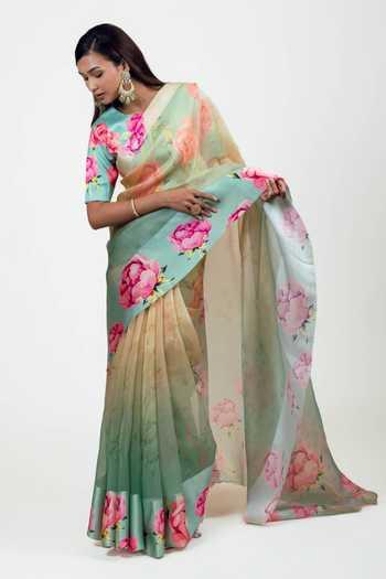 Studio 113_Blue Organza Monica Aqua Yellow Saree With Running Blouse _Online_at_Aza_Fashions