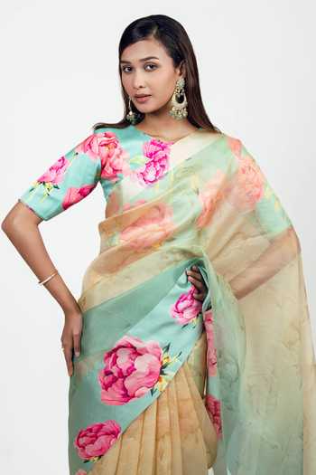 Buy_Studio 113_Blue Organza Monica Aqua Yellow Saree With Running Blouse _Online_at_Aza_Fashions