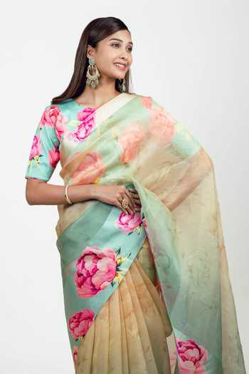 Shop_Studio 113_Blue Organza Monica Aqua Yellow Saree With Running Blouse _Online_at_Aza_Fashions