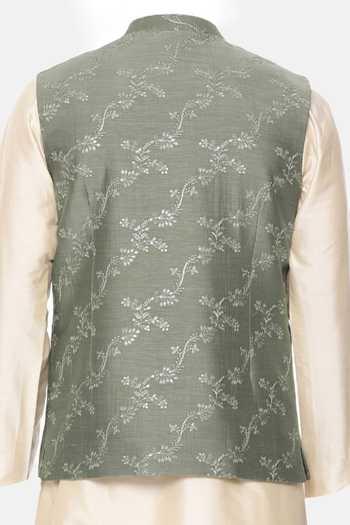 Mayank Modi - Men Floral Vine Embroidered Chanderi Bundi For Kids