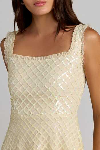 Mac Duggal_Ivory Polyester, Mesh Square Neck Floral Sequin Lattice Dress _Online_at_Aza_Fashions