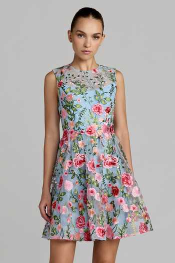 Mac Duggal Blue Polyester High Neck Floral Embroidered A-line Dress Online at Aza Fashions Mac Duggal_Blue Polyester High Neck Floral Embroidered A-line Dress _Online_at_Aza_Fashions