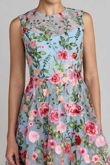 Buy Mac Duggal Blue Polyester High Neck Floral Embroidered A-line Dress Online at Aza Fashions Buy_Mac Duggal_Blue Polyester High Neck Floral Embroidered A-line Dress _Online_at_Aza_Fashions