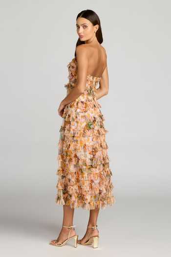 Mac Duggal Floral Print Ruffled Strapless Dress 