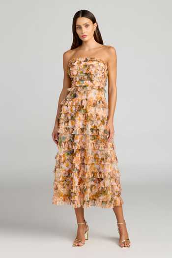 Mac Duggal Floral Print Ruffled Strapless Dress 