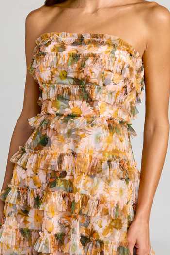 Mac Duggal_Gold Polyester, Mesh Bandeau Neck Floral Print Ruffled Strapless Dress _Online_at_Aza_Fashions