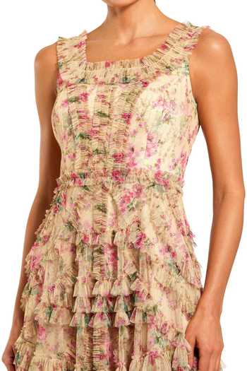 Mac Duggal_Beige Polyester, Mesh Square Neck Floral Print Micro Ruffle Dress _Online_at_Aza_Fashions