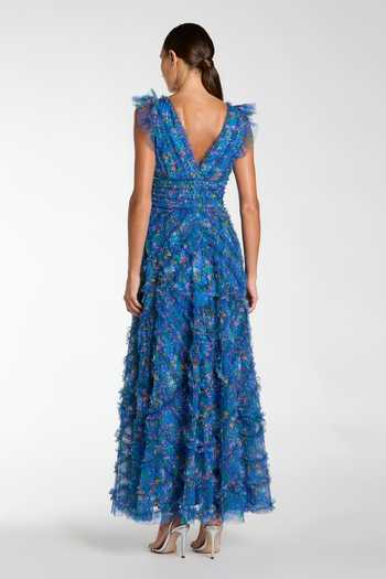 Mac Duggal Floral Print Micro Ruffle Maxi Dress 