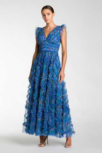 Mac Duggal Floral Print Micro Ruffle Maxi Dress 