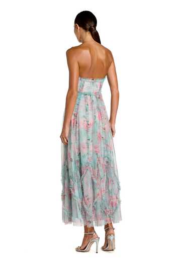 Mac Duggal Floral Print Micro Ruffle Strapless Dress 