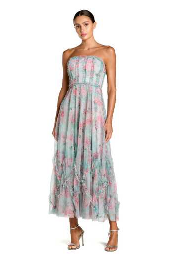 Mac Duggal Floral Print Micro Ruffle Strapless Dress 
