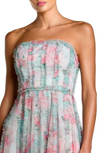Mac Duggal_Blue Polyester, Mesh Bandeau Neck Floral Print Micro Ruffle Strapless Dress _Online_at_Aza_Fashions
