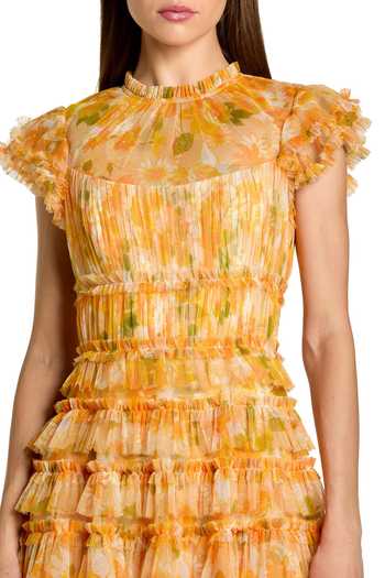 Mac Duggal Yellow Polyester, Mesh High Neck Floral Print Tiered Micro-ruffle Dress Online at Aza Fashions Mac Duggal_Yellow Polyester, Mesh High Neck Floral Print Tiered Micro-ruffle Dress _Online_at_Aza_Fashions