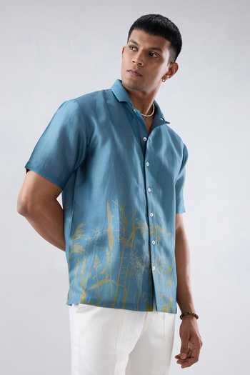 Raw & Rustic By Niti Bothra_Blue Silk, Tencel Eco Print Cuban Collar Shirt _Online_at_Aza_Fashions