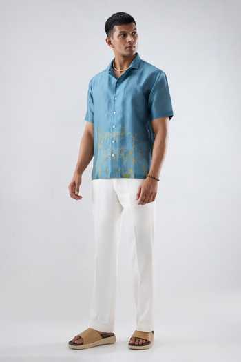 Buy_Raw & Rustic By Niti Bothra_Blue Silk, Tencel Eco Print Cuban Collar Shirt _Online_at_Aza_Fashions