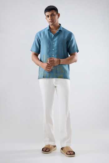 Shop_Raw & Rustic By Niti Bothra_Blue Silk, Tencel Eco Print Cuban Collar Shirt _Online_at_Aza_Fashions