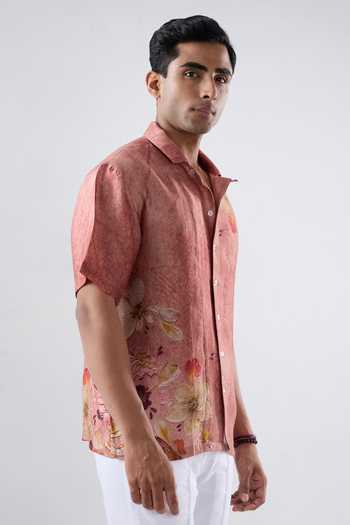 Raw & Rustic By Niti Bothra Brown Silk, Tencel Floral Print Shirt Online at Aza Fashions Raw & Rustic By Niti Bothra_Brown Silk, Tencel Floral Print Shirt _Online_at_Aza_Fashions
